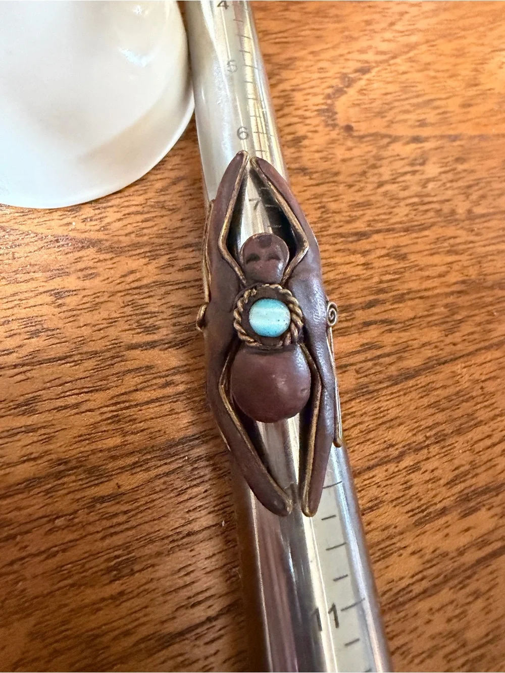 Handcrafted Bronze-Tone Scarab Ring with Blue Cabochon - Women Jewelry